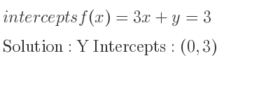 The intercepts of f(x)=3x+y=3 is Y Intercepts: (0,3)